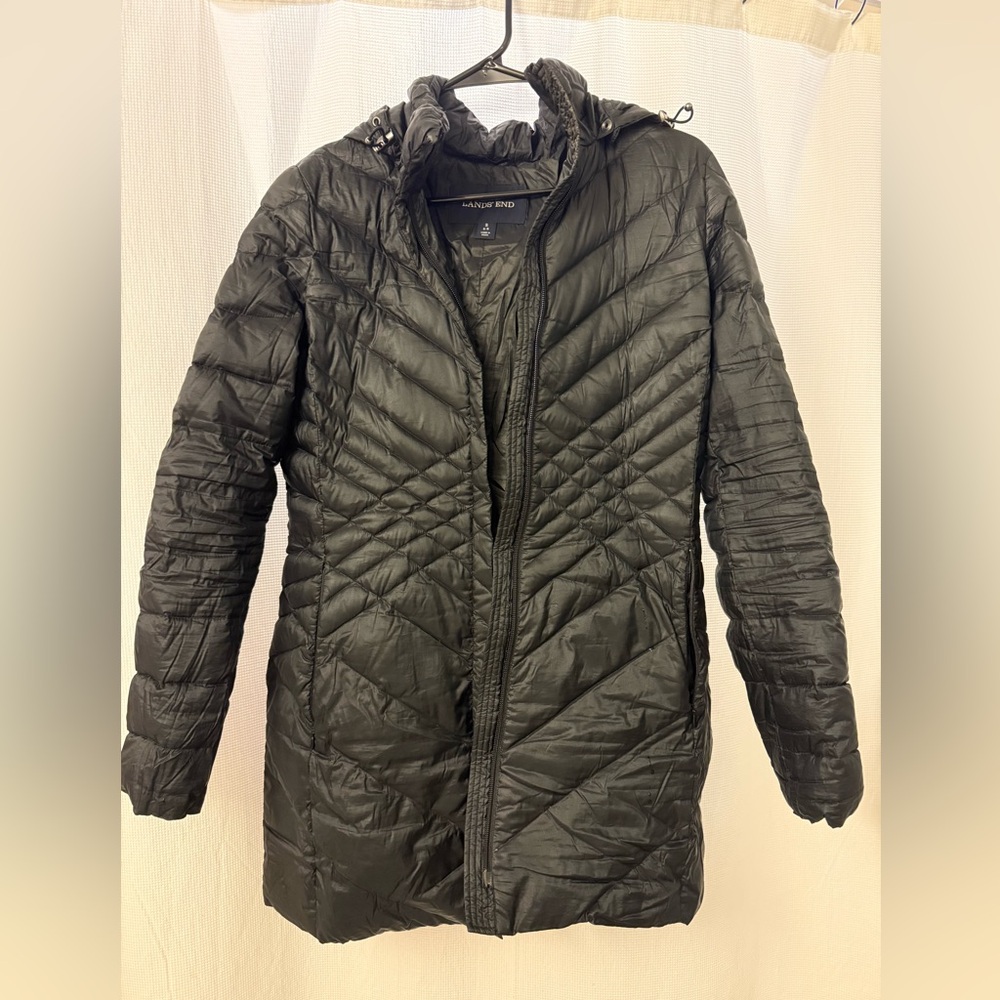 Black Lands End Down Packable Wanderweight Hooded Coat